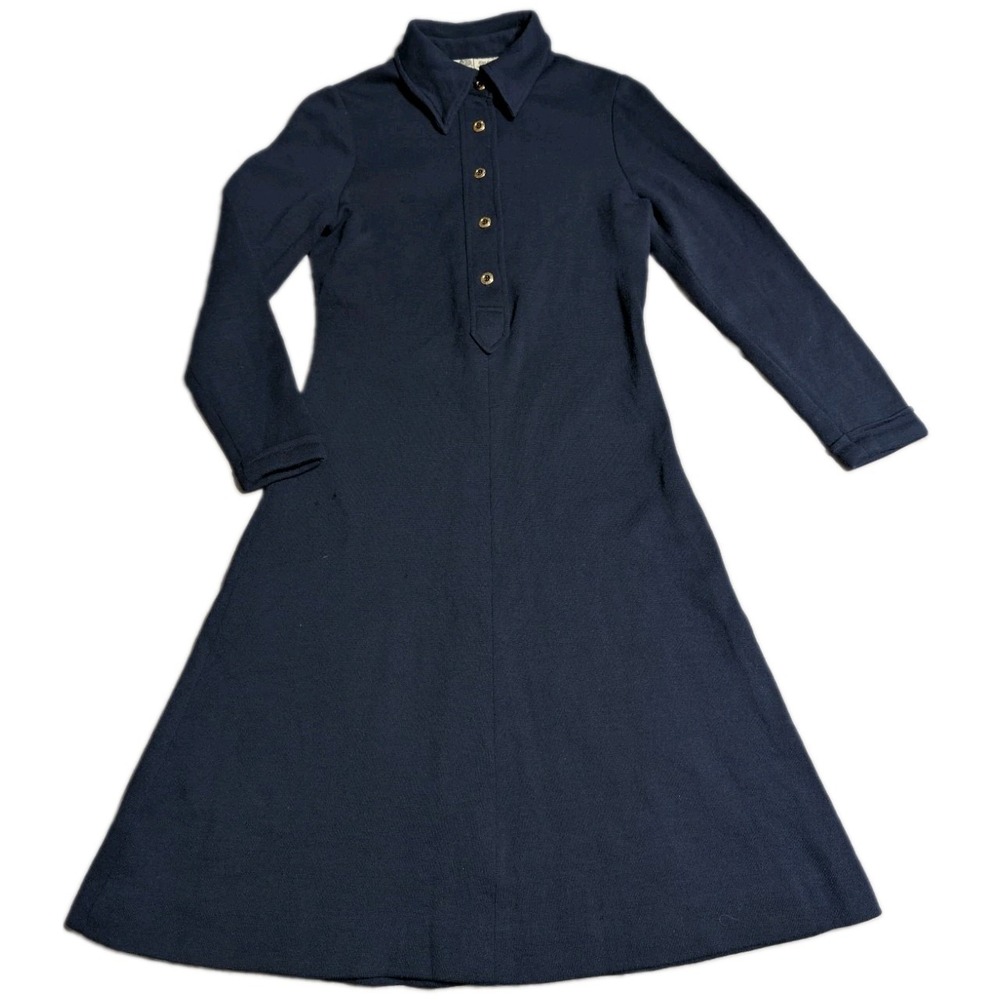 Vintage 60s 70s Pure Wool Navy Mod Shirtwaist A-Line Dagger Collar Dress USA